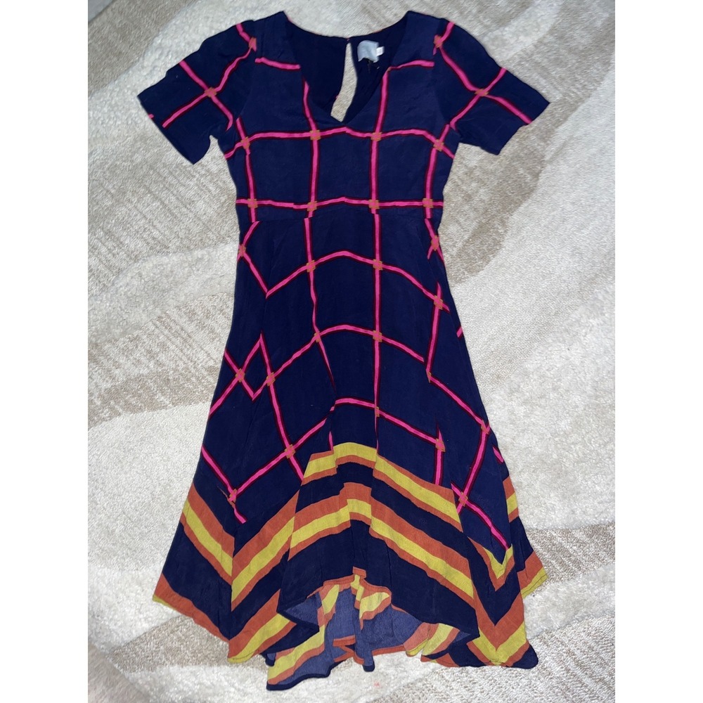 HD in Paris Anthropologie Navy Blue Pink Grid Striped Handkerchief Midi Dress 4 - Picture 3 of 6